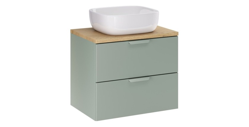 Ensemble OSTER vert et chêne clair 60cm : meuble sous vasque à tiroirs, plan pour vasque et vasque à poser