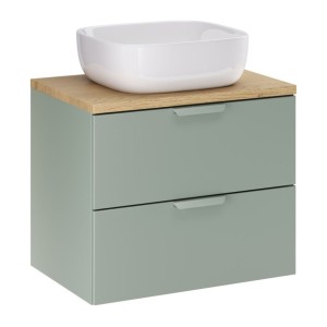 Ensemble OSTER vert et chêne clair 60cm : meuble sous vasque à tiroirs, plan pour vasque et vasque à poser