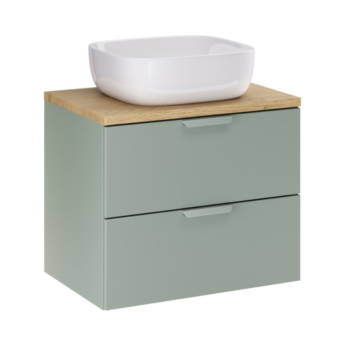 Ensemble OSTER vert et chêne clair 60cm : meuble sous vasque à tiroirs, plan pour vasque et vasque à poser