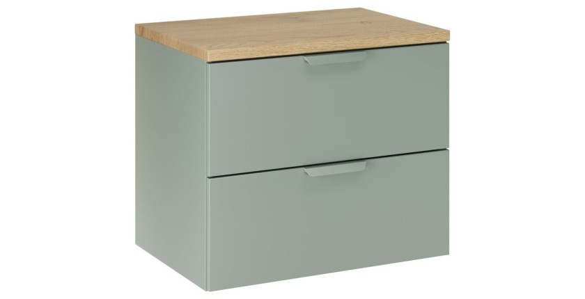Ensemble OSTER vert et chêne clair 60cm : meuble sous vasque à tiroirs et plan pour vasque
