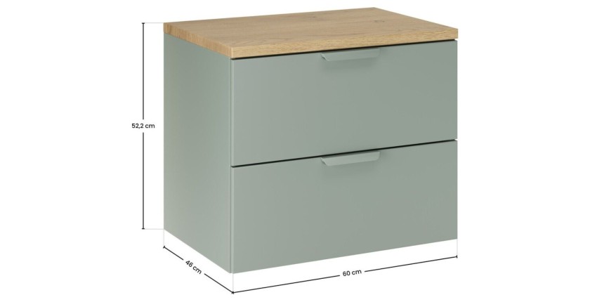 Ensemble OSTER vert et chêne clair 60cm : meuble sous vasque à tiroirs et plan pour vasque dimensions
