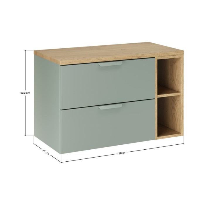 Conjunto de baño suspendido OSTER 80cm: muebles bajo lavabo con cajones en verde salvia y nichos visibles + encimera para lavabo