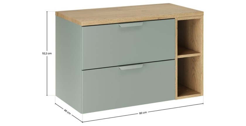 Ensemble OSTER vert et chêne clair 80cm : meuble sous vasque, niches visibles et plan pour vasque dimensions