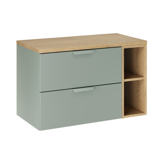Conjunto de baño suspendido OSTER 80cm: muebles bajo lavabo con cajones en verde salvia y nichos visibles + encimera para lavabo