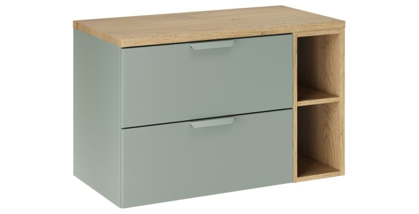 Ensemble OSTER vert et chêne clair 80cm : meuble sous vasque, niches visibles et plan pour vasque
