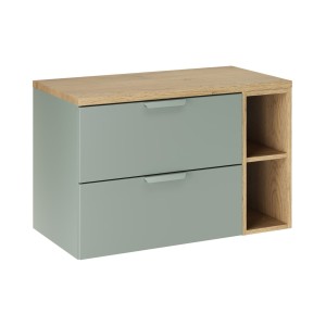 Ensemble OSTER vert et chêne clair 80cm : meuble sous vasque, niches visibles et plan pour vasque