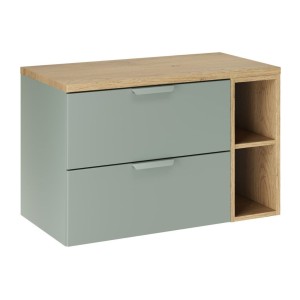 Ensemble OSTER vert et chêne clair 80cm : meuble sous vasque, niches visibles et plan pour vasque