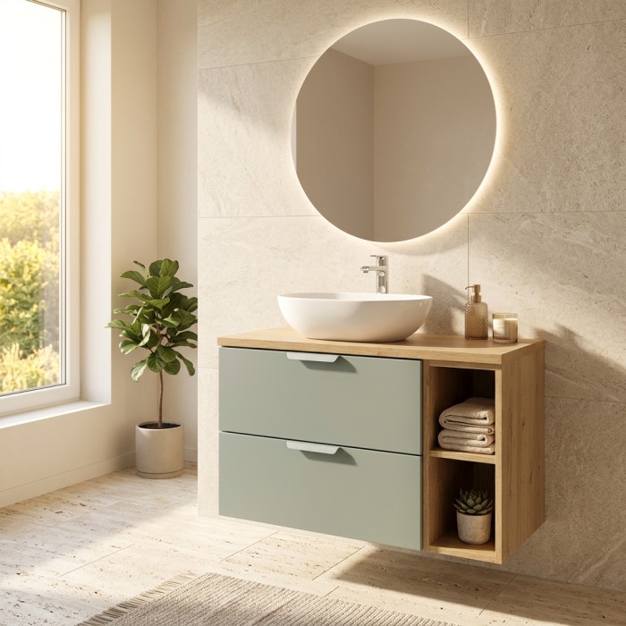 Conjunto de baño suspendido OSTER 80cm: muebles bajo lavabo con cajones en verde salvia y nichos visibles + encimera para lavabo