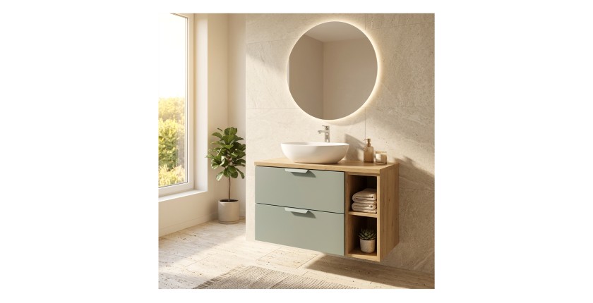 Ensemble OSTER vert et chêne clair 80cm : meuble sous vasque, niches visibles et plan pour vasque mis en situation