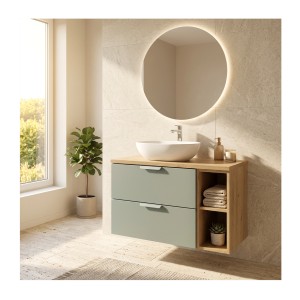 Ensemble OSTER vert et chêne clair 80cm : meuble sous vasque, niches visibles et plan pour vasque mis en situation