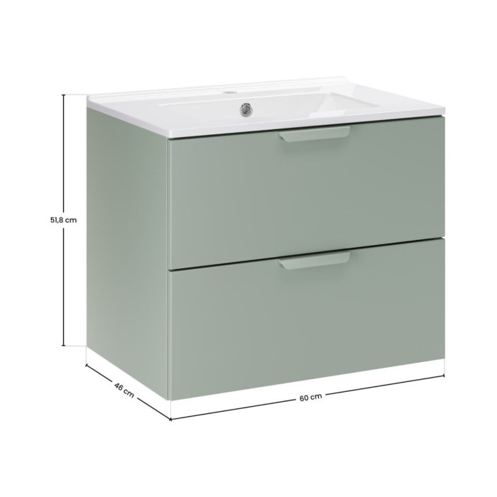 Conjunto de baño suspendido OSTER 60cm: mueble bajo lavabo con cajones en verde salvia + lavabo empotrado blanco