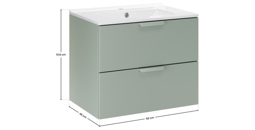 Ensemble OSTER vert et blanc 60cm : meuble sous vasque à tiroirs et vasque encastrée blanche dimensions