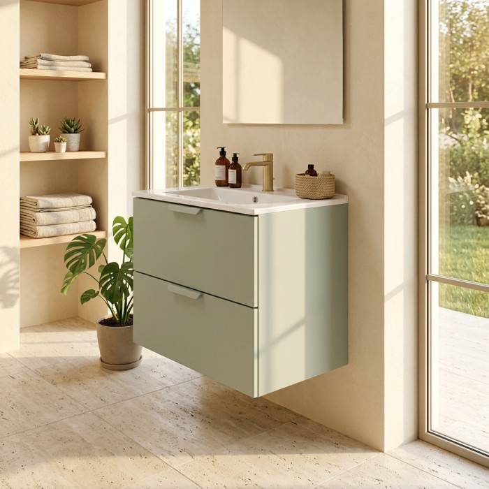 Conjunto de baño suspendido OSTER 60cm: mueble bajo lavabo con cajones en verde salvia + lavabo empotrado blanco