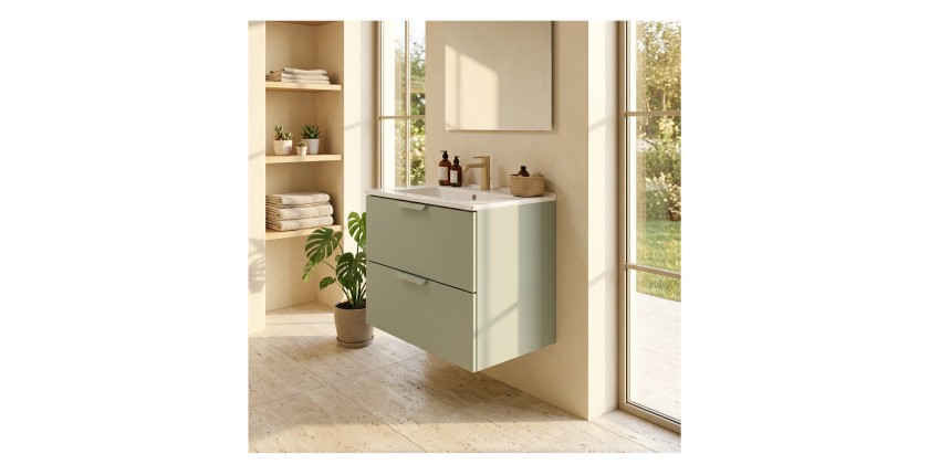 Ensemble OSTER vert et blanc 60cm : meuble sous vasque à tiroirs et vasque encastrée blanche mis en situation