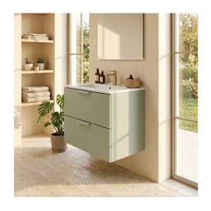 Ensemble OSTER vert et blanc 60cm : meuble sous vasque à tiroirs et vasque encastrée blanche mis en situation