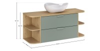 Ensemble OSTER vert et chêne clair 120cm : meuble sous vasque, niches visibles et vasque à poser dimensions