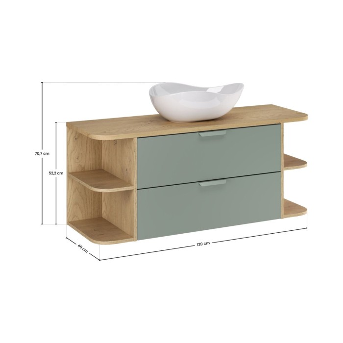 Conjunto OSTER 120cm: muebles bajo lavabo con cajones en verde salvia y nichos visibles + encimera para lavabo + lavabo sobre en