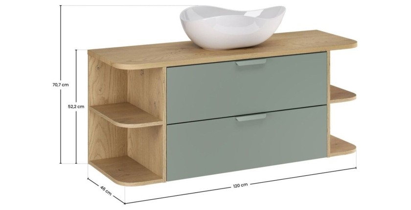 Ensemble OSTER vert et chêne clair 120cm : meuble sous vasque, niches visibles et vasque à poser dimensions