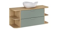 Ensemble OSTER vert et chêne clair 120cm : meuble sous vasque, niches visibles et vasque à poser