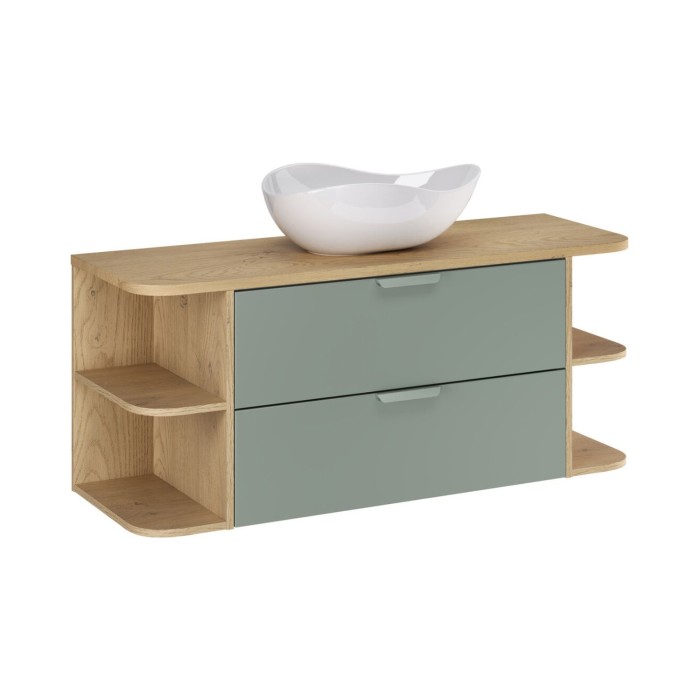 Conjunto OSTER 120cm: muebles bajo lavabo con cajones en verde salvia y nichos visibles + encimera para lavabo + lavabo sobre en