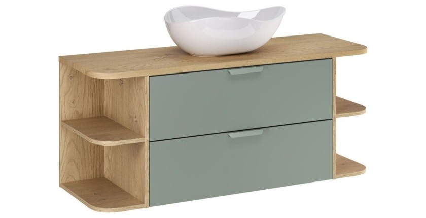 Ensemble OSTER vert et chêne clair 120cm : meuble sous vasque, niches visibles et vasque à poser