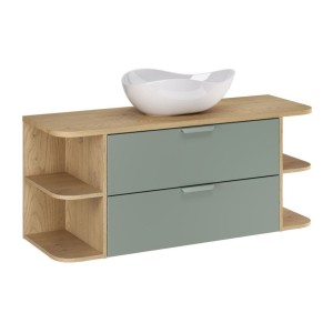 Ensemble OSTER vert et chêne clair 120cm : meuble sous vasque, niches visibles et vasque à poser
