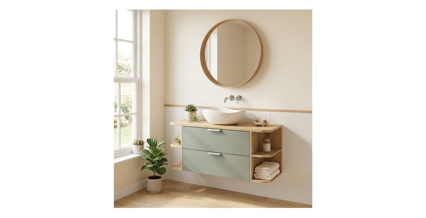 Ensemble OSTER vert et chêne clair 120cm : meuble sous vasque, niches visibles et vasque à poser mis en situation