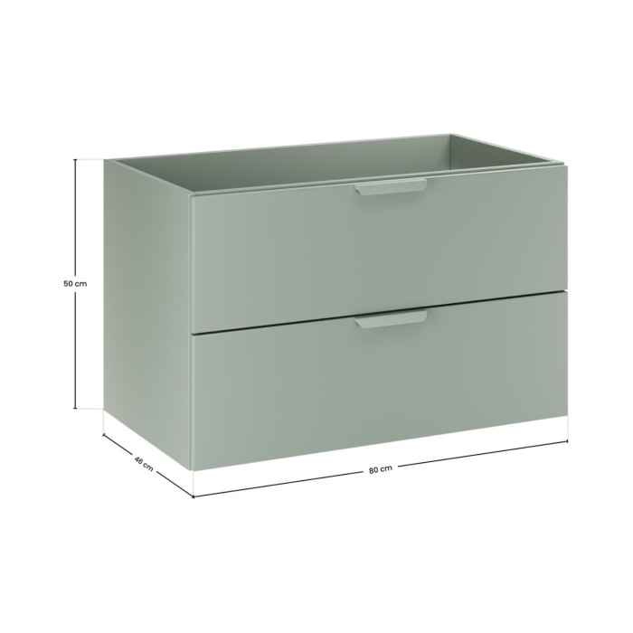 Insieme OSTER 120cm : mobili sotto lavabo con cassetti verde salvia e nicchie visibili arrotondate + piano per lavabo in aspetto