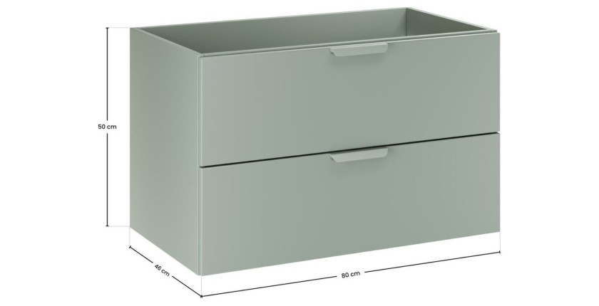 OSTER set 120cm: meubel onder wastafel met lades in saliegroen en zichtbare afgeronde nissen + blad voor wastafel in licht eiken