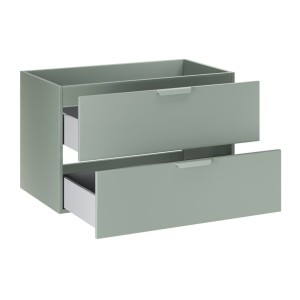 OSTER set 120cm: meubel onder wastafel met lades in saliegroen en zichtbare afgeronde nissen + blad voor wastafel in licht eiken