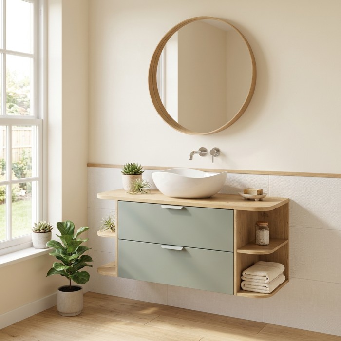 Insieme OSTER 120cm : mobili sotto lavabo con cassetti verde salvia e nicchie visibili arrotondate + piano per lavabo in aspetto
