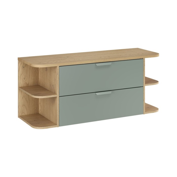 Insieme OSTER 120cm : mobili sotto lavabo con cassetti verde salvia e nicchie visibili arrotondate + piano per lavabo in aspetto