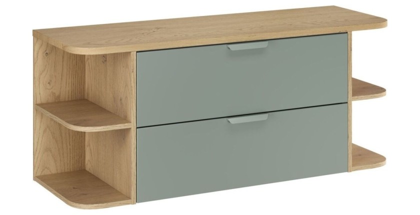 OSTER set 120cm: meubel onder wastafel met lades in saliegroen en zichtbare afgeronde nissen + blad voor wastafel in licht eiken