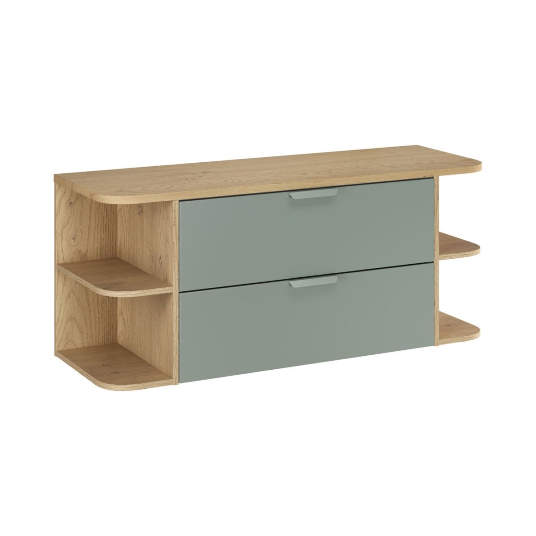 OSTER set 120cm: meubel onder wastafel met lades in saliegroen en zichtbare afgeronde nissen + blad voor wastafel in licht eiken