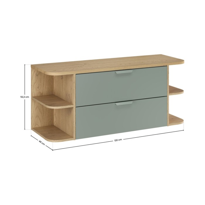 Insieme OSTER 120cm : mobili sotto lavabo con cassetti verde salvia e nicchie visibili arrotondate + piano per lavabo in aspetto