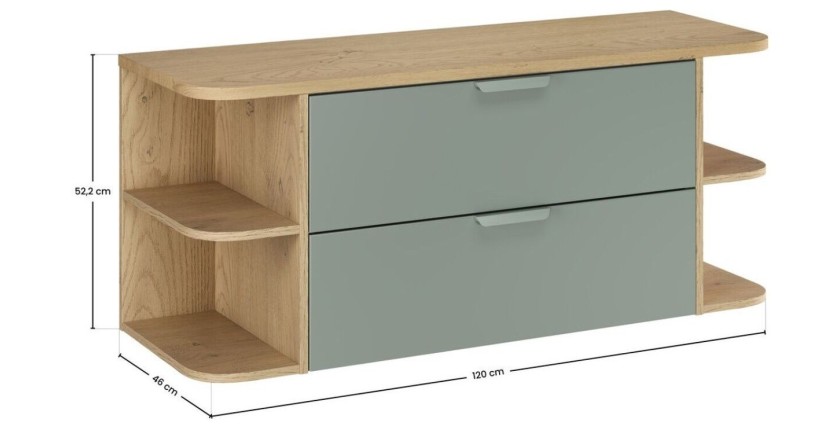 OSTER set 120cm: meubel onder wastafel met lades in saliegroen en zichtbare afgeronde nissen + blad voor wastafel in licht eiken