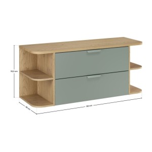 OSTER set 120cm: meubel onder wastafel met lades in saliegroen en zichtbare afgeronde nissen + blad voor wastafel in licht eiken
