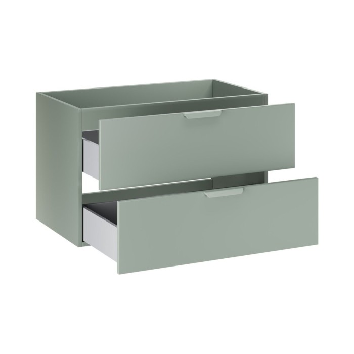 Insieme OSTER 120cm: mobile sottolavabo con cassetti verde salvia e nicchie a vista + piano per lavabo effetto rovere chiaro