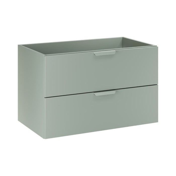 Insieme OSTER 120cm: mobile sottolavabo con cassetti verde salvia e nicchie a vista + piano per lavabo effetto rovere chiaro