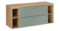 Ensemble OSTER vert et chêne 120cm : meuble sous vasque à tiroirs, niches visibles et plan pour vasque