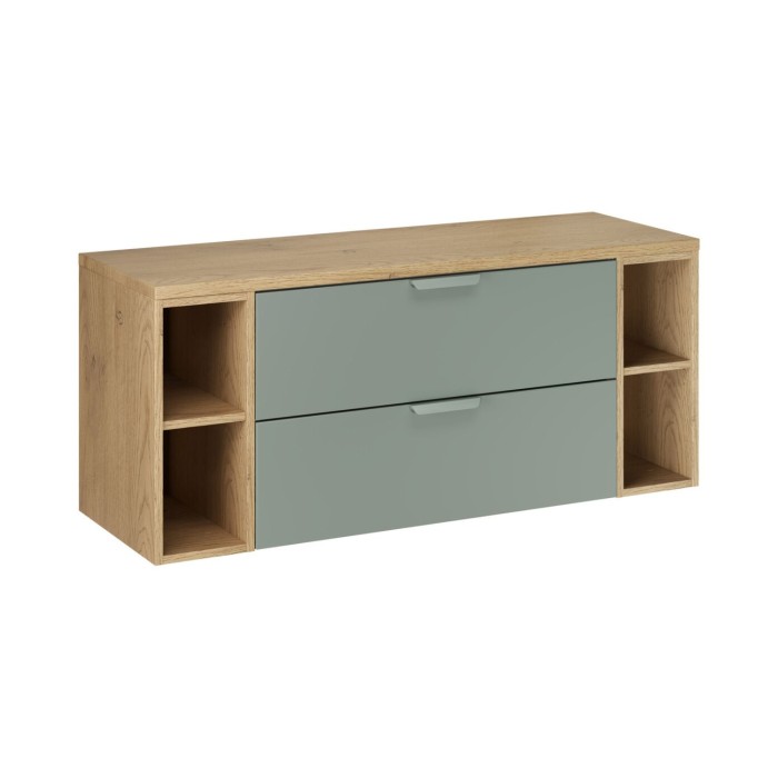 Insieme OSTER 120cm: mobile sottolavabo con cassetti verde salvia e nicchie a vista + piano per lavabo effetto rovere chiaro