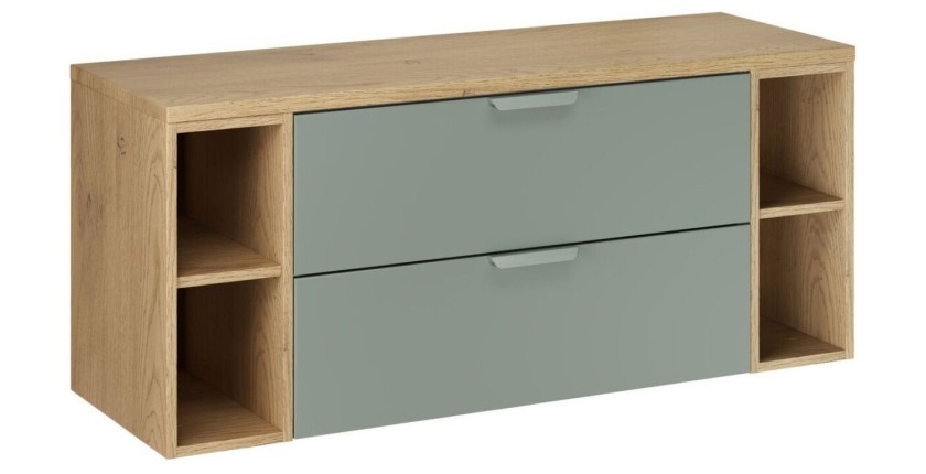 Ensemble OSTER vert et chêne 120cm : meuble sous vasque à tiroirs, niches visibles et plan pour vasque