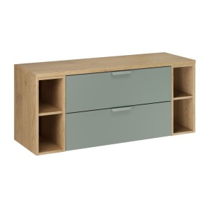 Ensemble OSTER vert et chêne 120cm : meuble sous vasque à tiroirs, niches visibles et plan pour vasque