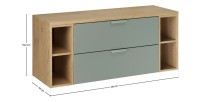 Ensemble OSTER vert et chêne 120cm : meuble sous vasque à tiroirs, niches visibles et plan pour vasque dimensions