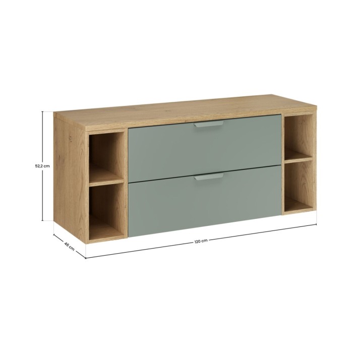 Insieme OSTER 120cm: mobile sottolavabo con cassetti verde salvia e nicchie a vista + piano per lavabo effetto rovere chiaro