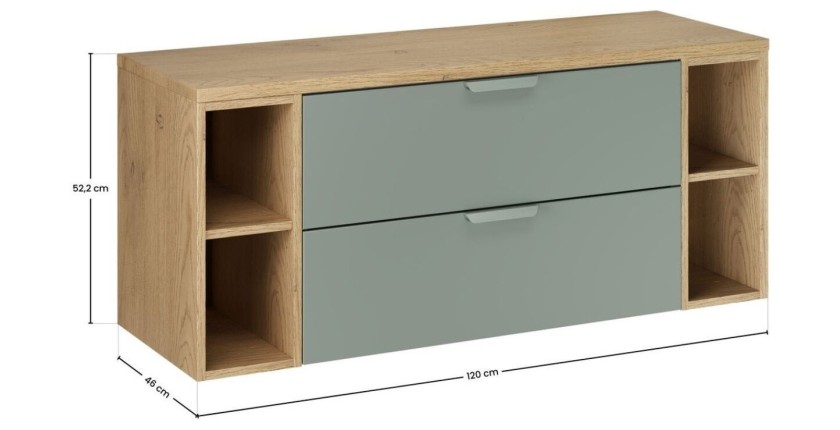 Ensemble OSTER vert et chêne 120cm : meuble sous vasque à tiroirs, niches visibles et plan pour vasque dimensions