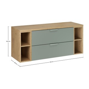 Ensemble OSTER vert et chêne 120cm : meuble sous vasque à tiroirs, niches visibles et plan pour vasque dimensions