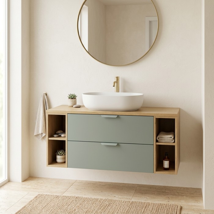 Insieme OSTER 120cm: mobile sottolavabo con cassetti verde salvia e nicchie a vista + piano per lavabo effetto rovere chiaro