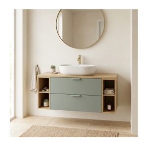 Ensemble OSTER vert et chêne 120cm : meuble sous vasque à tiroirs, niches visibles et plan pour vasque mis en situation