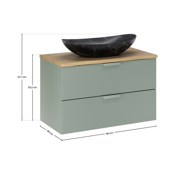 Conjunto OSTER 80cm: mueble bajo lavabo con cajones verde salvia + encimera para lavabo + lavabo sobre encimera negro con rayas 